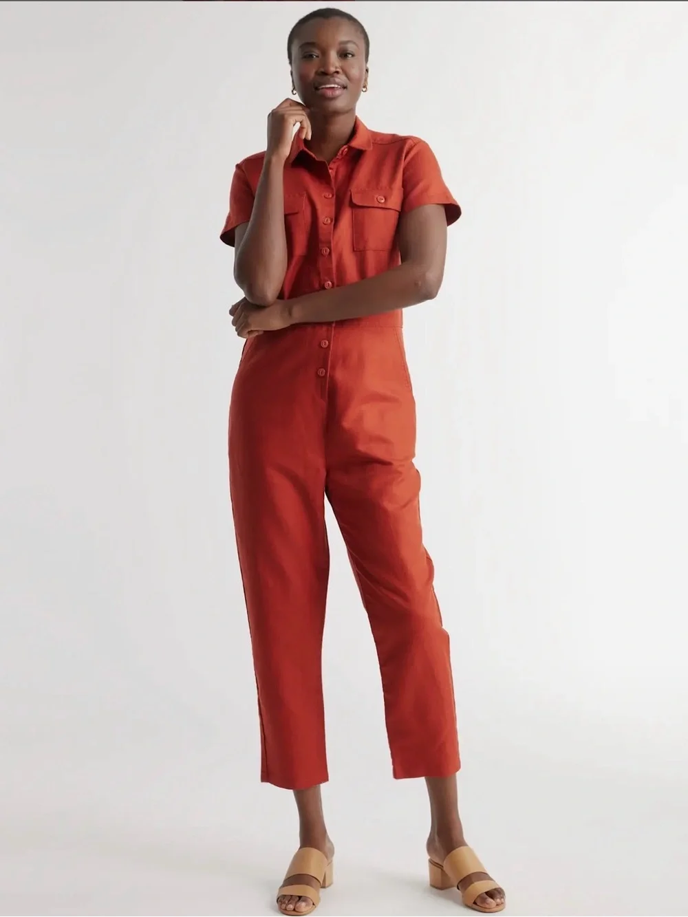Quince Cotton Linen Twill Short Sleeve Coverall Jumpsuit Rust Red Size Medium